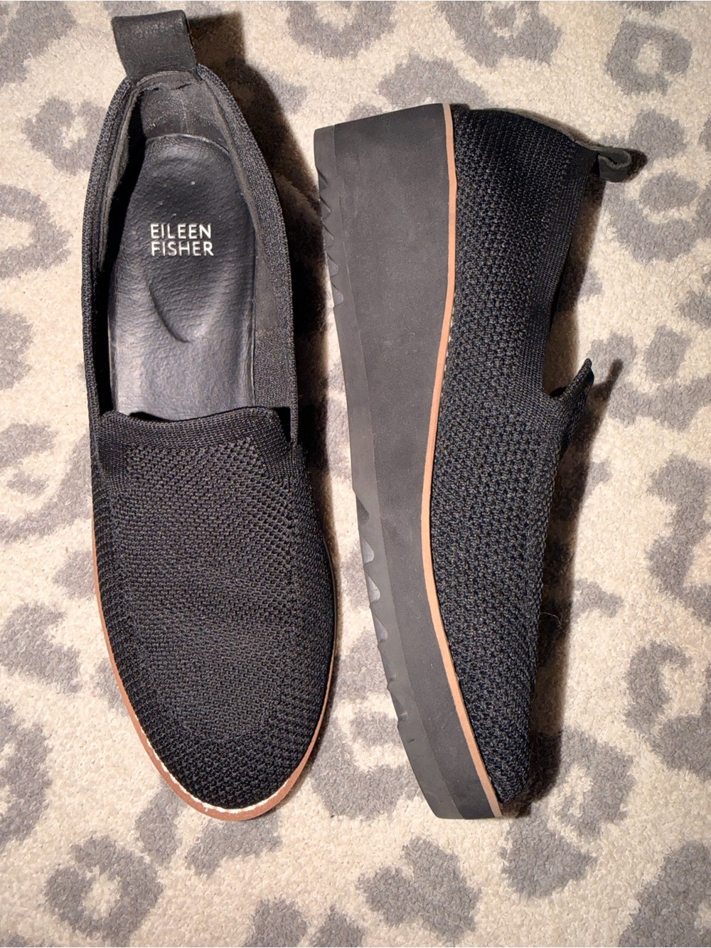 Eileen Fisher Black Knit Platform Slip-On Shoes with Tan Accent